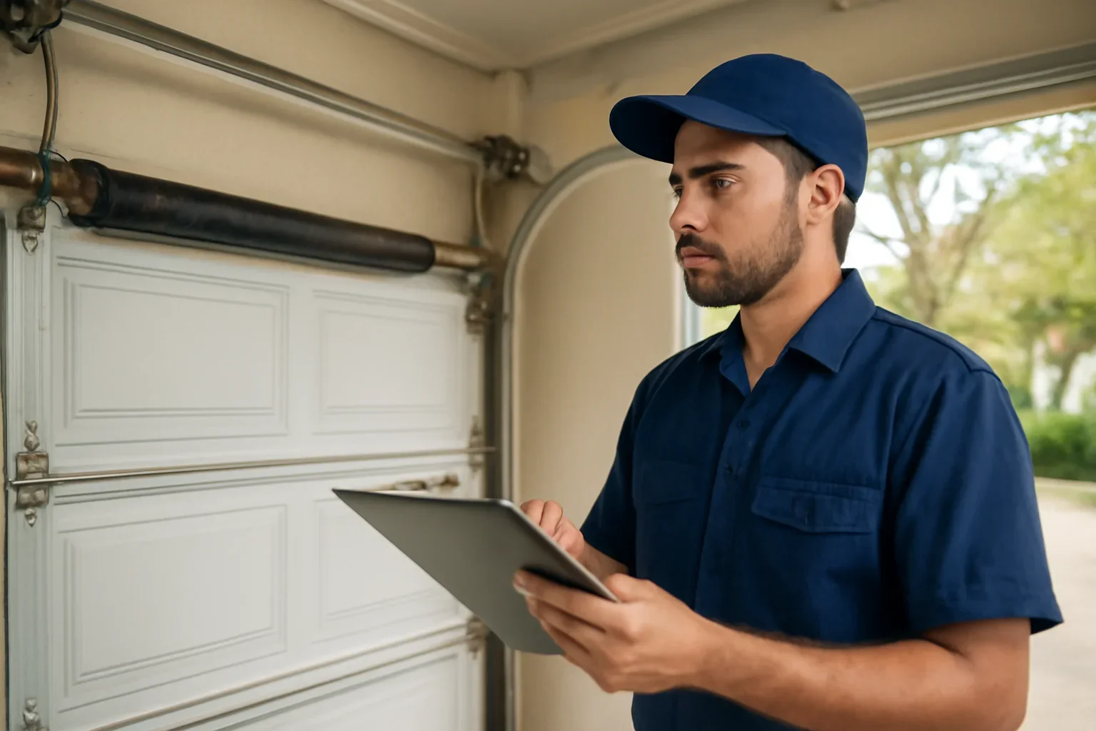 Garage door technician reviewing garage door spring repair surrey west cloverdale at a Surrey property