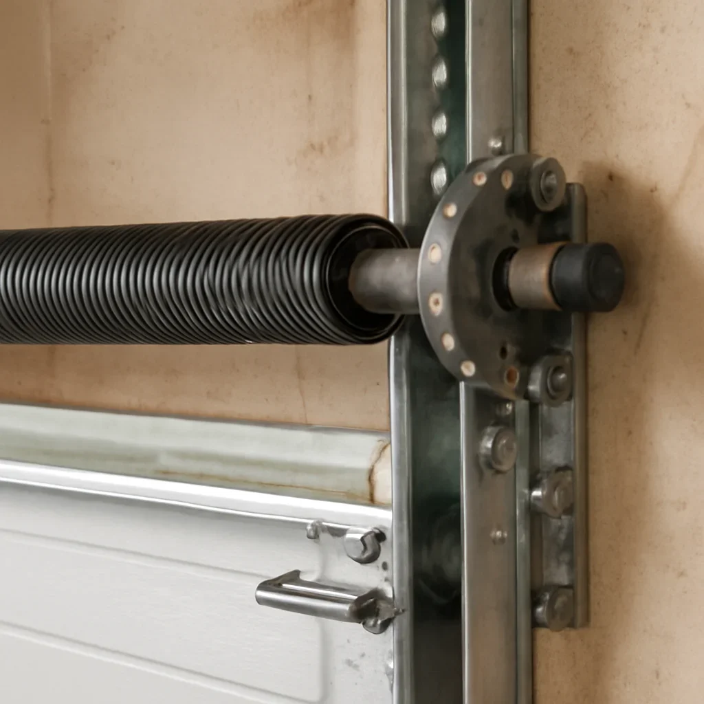 Close view of garage door components related to spring repair in West Newton Surrey