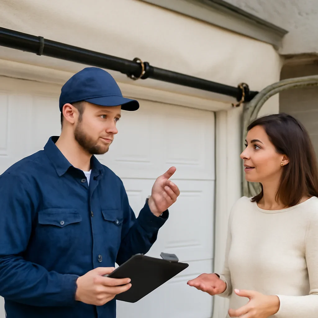 Homeowner or property manager discussing garage door spring repair in Whalley and Surrey City Centre Surrey