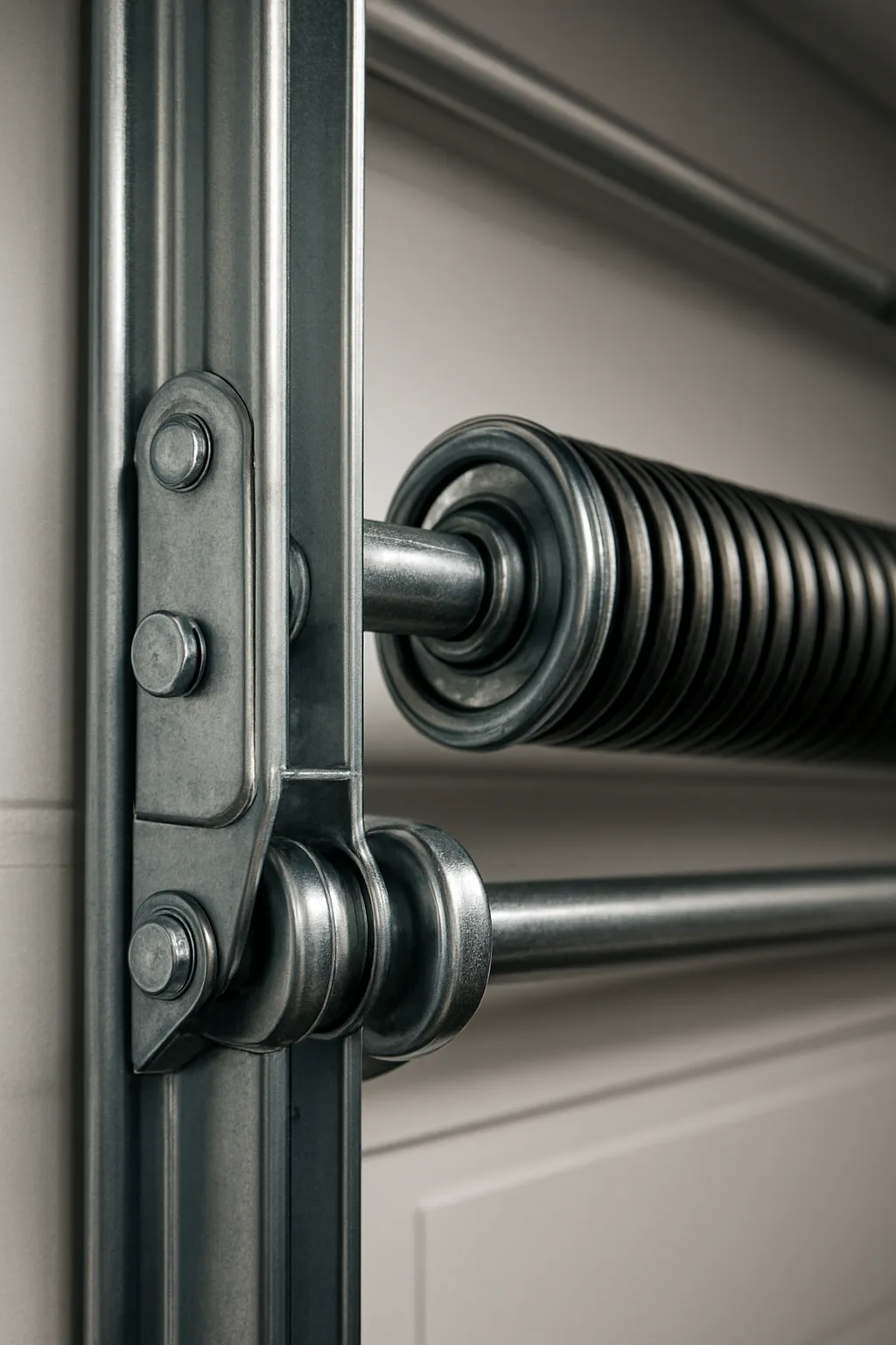 Technician inspecting garage door alignment and tension components