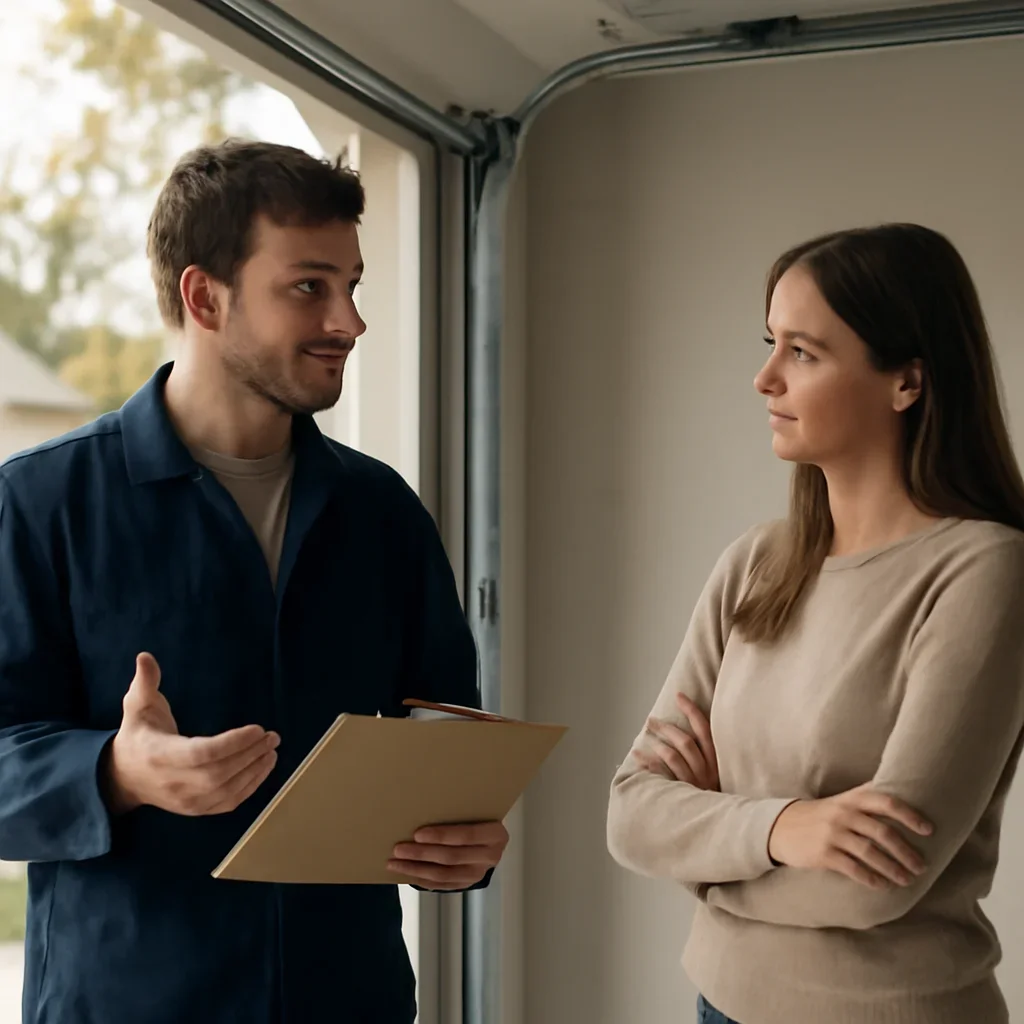 Surrey property owner discussing garage door track alignment and off-track repair options
