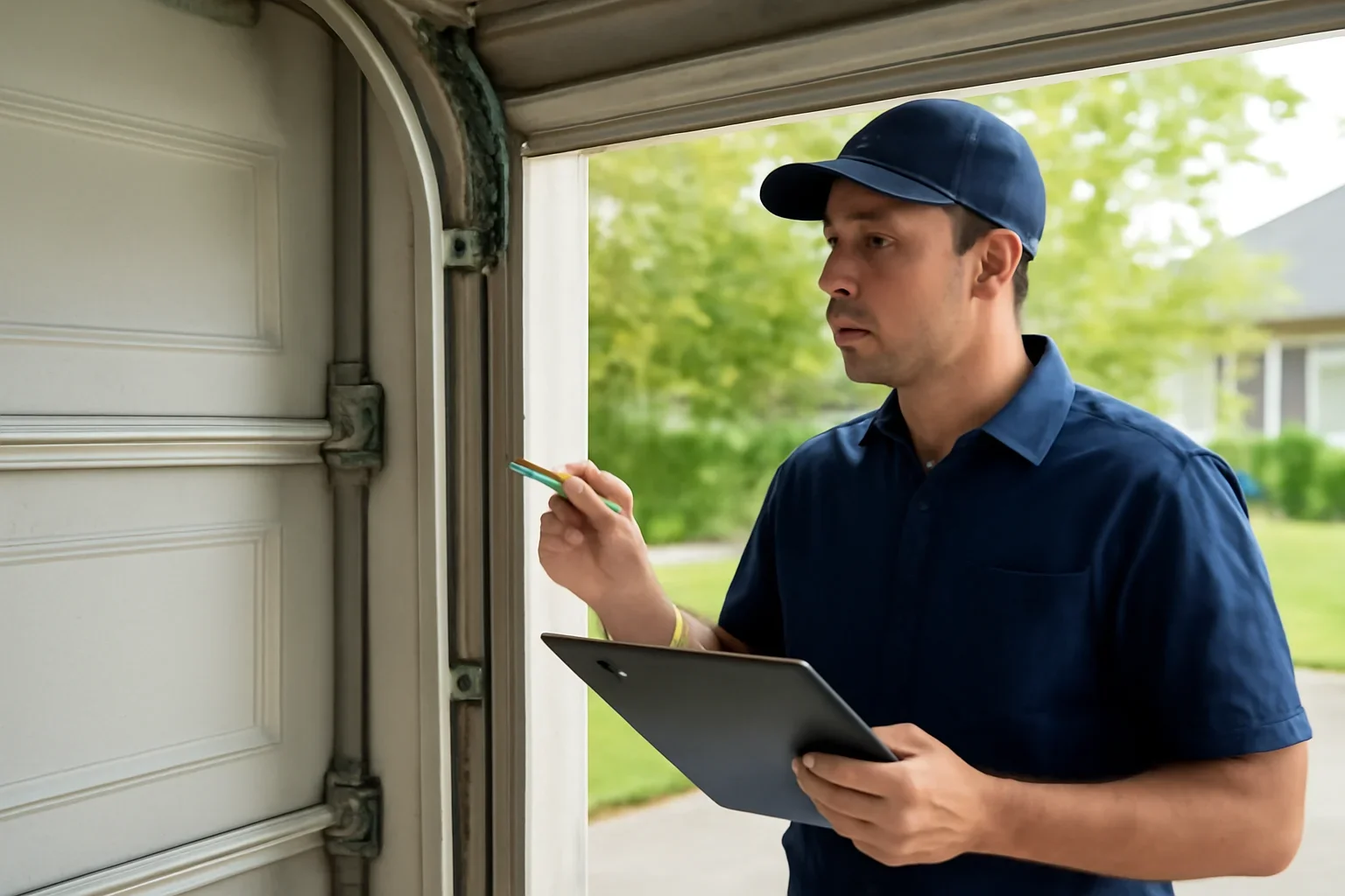 Technician inspecting an off-track garage door and roller alignment at a Surrey property