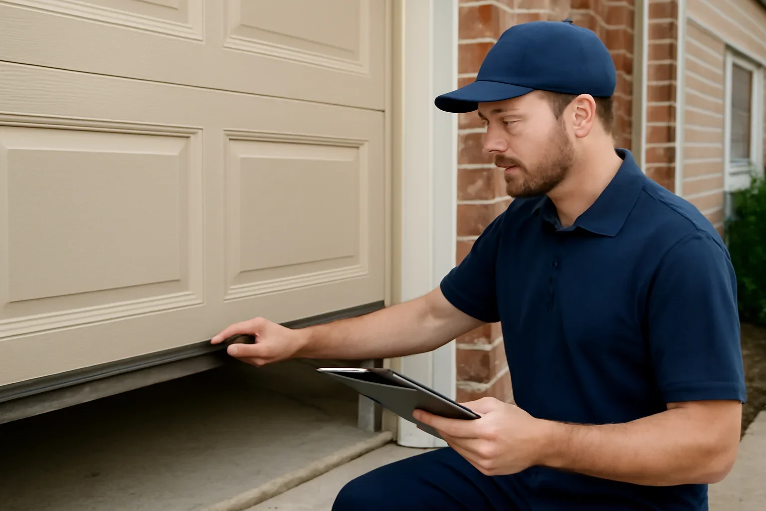 Technician inspecting garage door weatherstripping and floor contact at a Surrey property