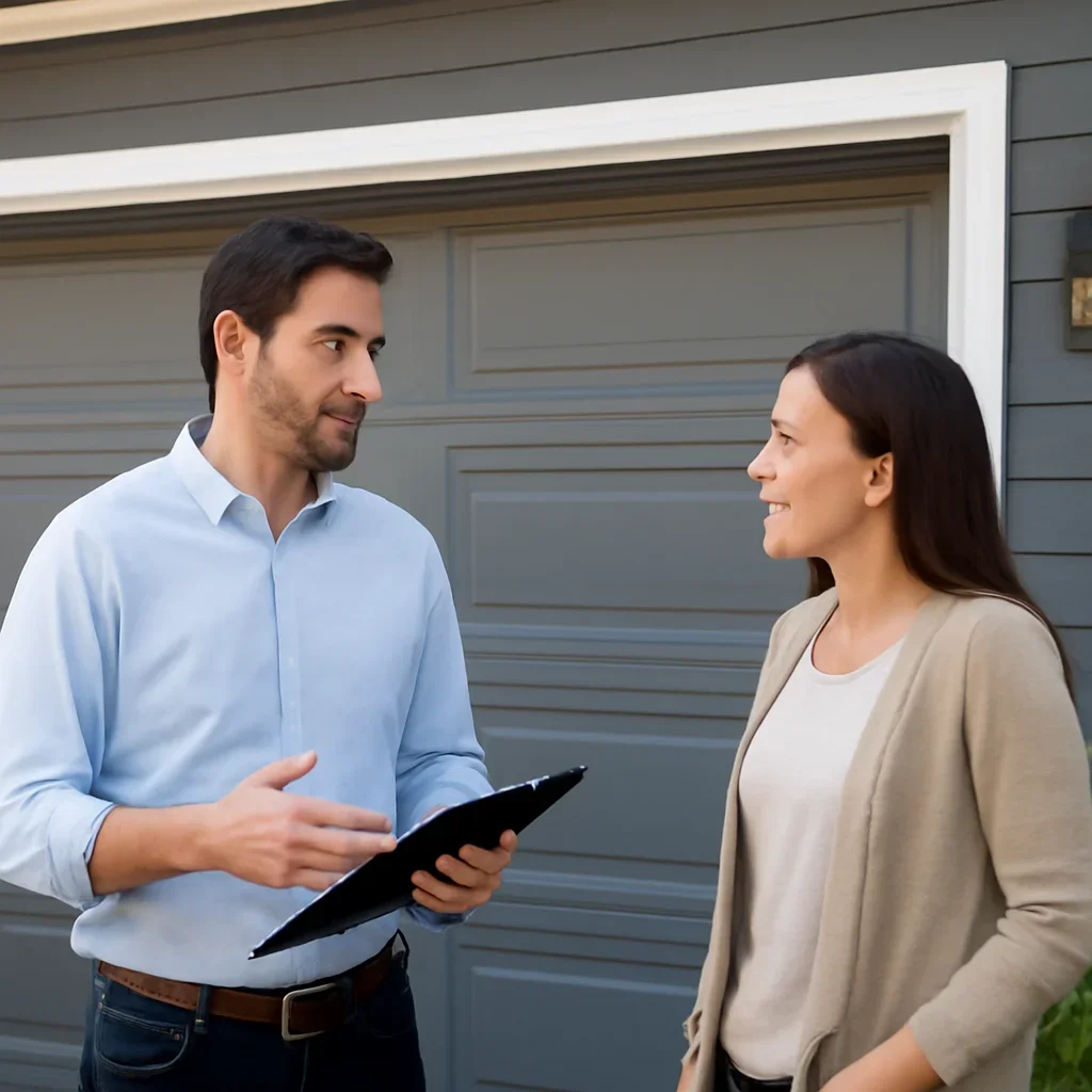 Grandview Heights property owner discussing garage door repair options with a Surrey technician
