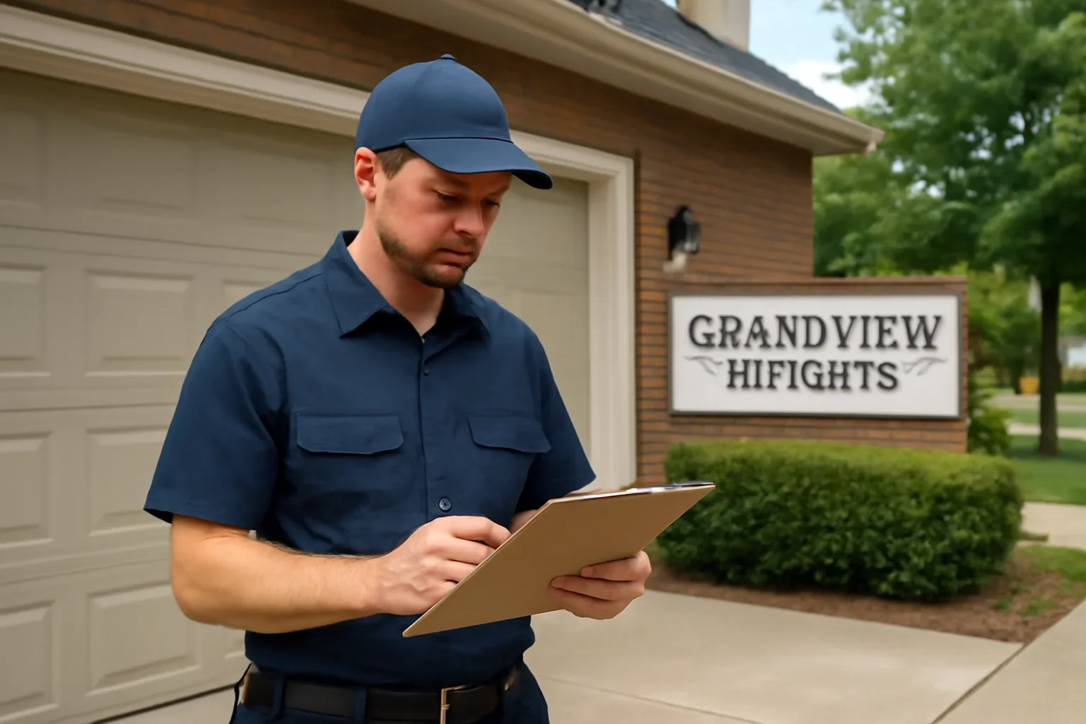 Garage door technician reviewing a garage door repair issue in Grandview Heights Surrey