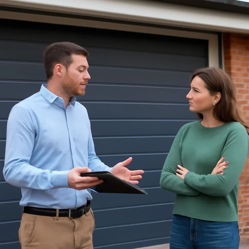 Property owner discussing garage door repair options for a Guildford Surrey property