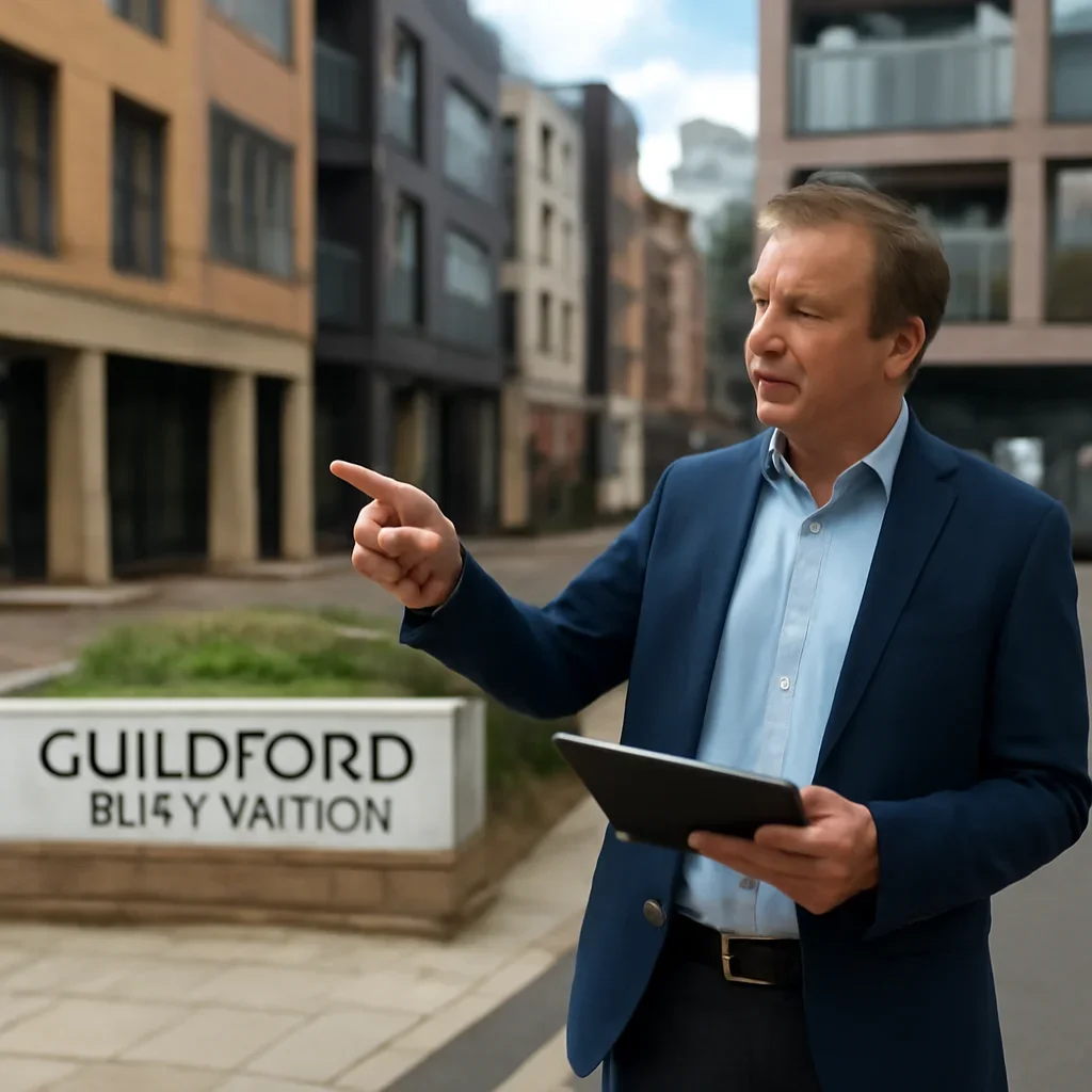 Guildford Town Centre property owner discussing garage door repair options with a Surrey technician
