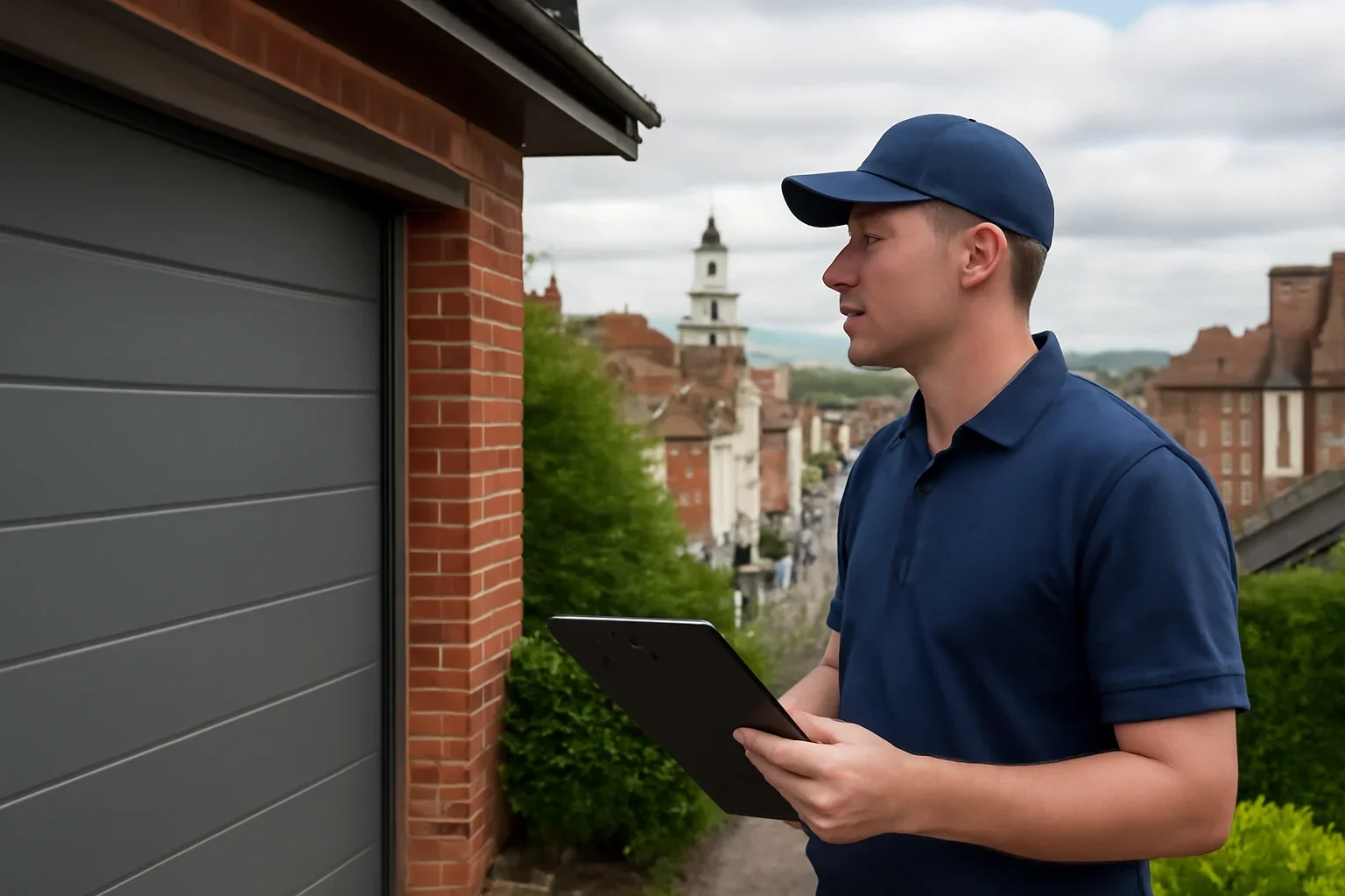 Garage door technician reviewing a garage door problem in Guildford Town Centre Surrey