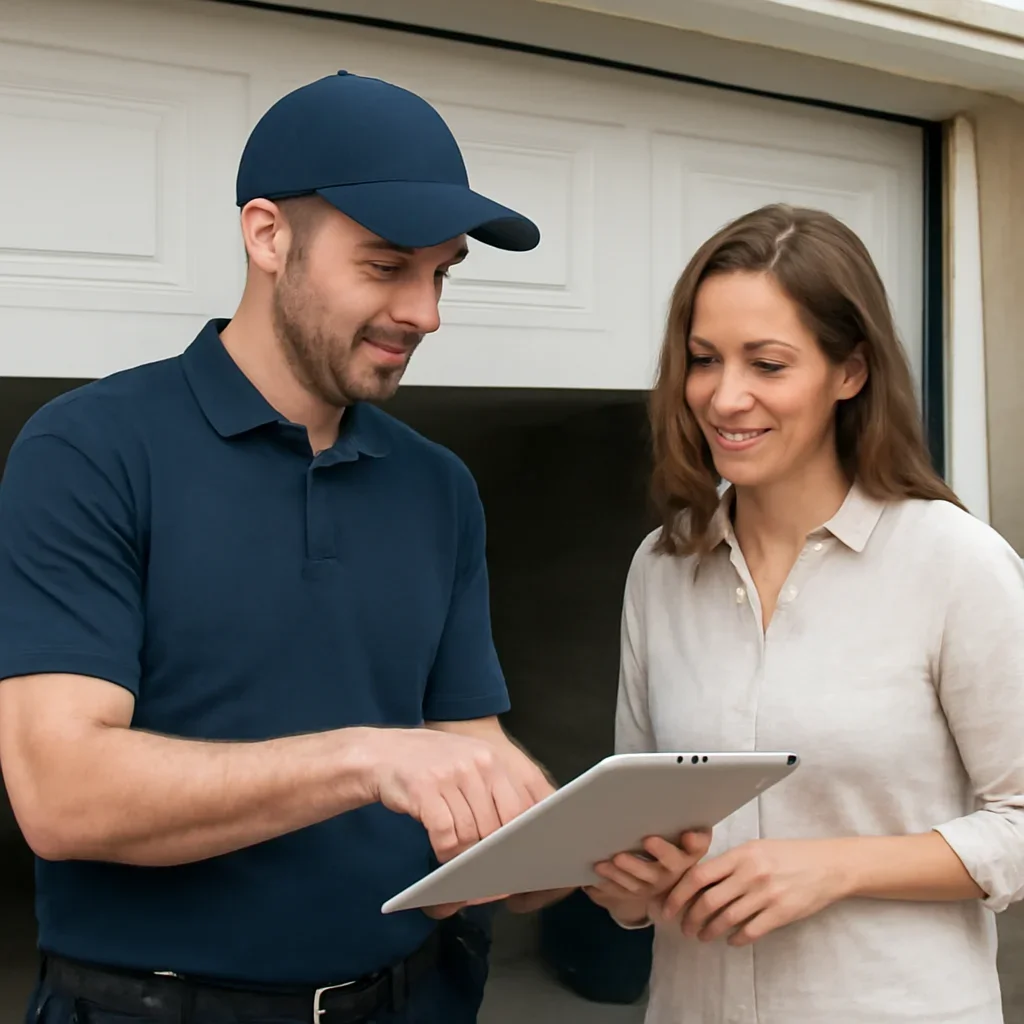 Customer reviewing the next step for garage door repair in Surrey with a local garage door specialist
