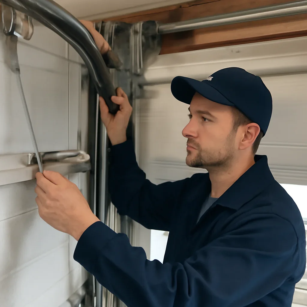 Technician inspecting springs cables and rollers during garage door repair in Surrey