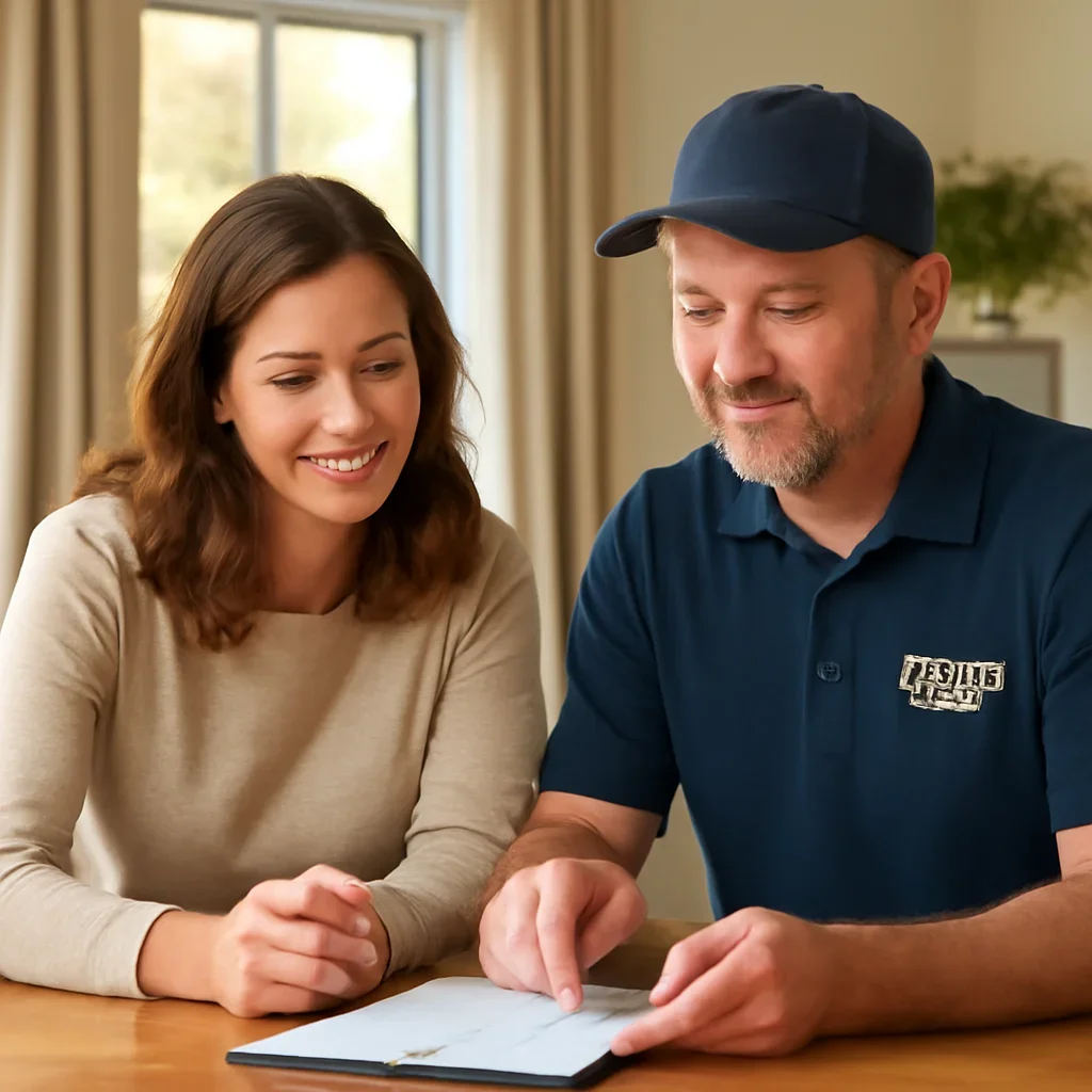 Homeowner reviewing garage door service options with a local specialist in Surrey
