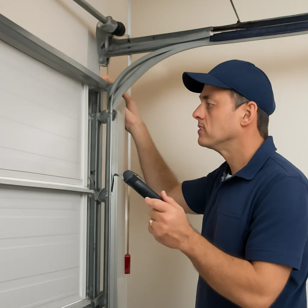 Garage door technician inspecting parts and operation for How Long Do Garage Doors Last in Surrey