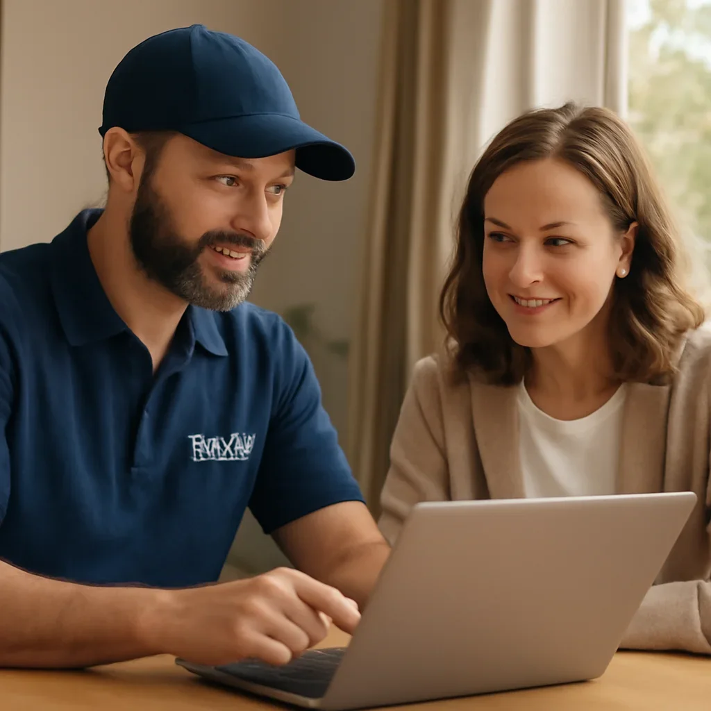 Homeowner reviewing garage door service options with a local specialist in Surrey