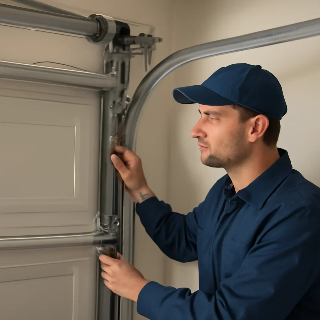 Garage door technician inspecting parts and operation for How to Choose a Garage Door Company in Surrey
