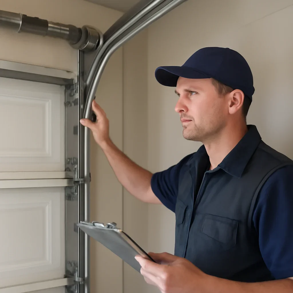 Garage door technician inspecting parts and operation for Can a New Garage Door Improve Curb Appeal in Surrey
