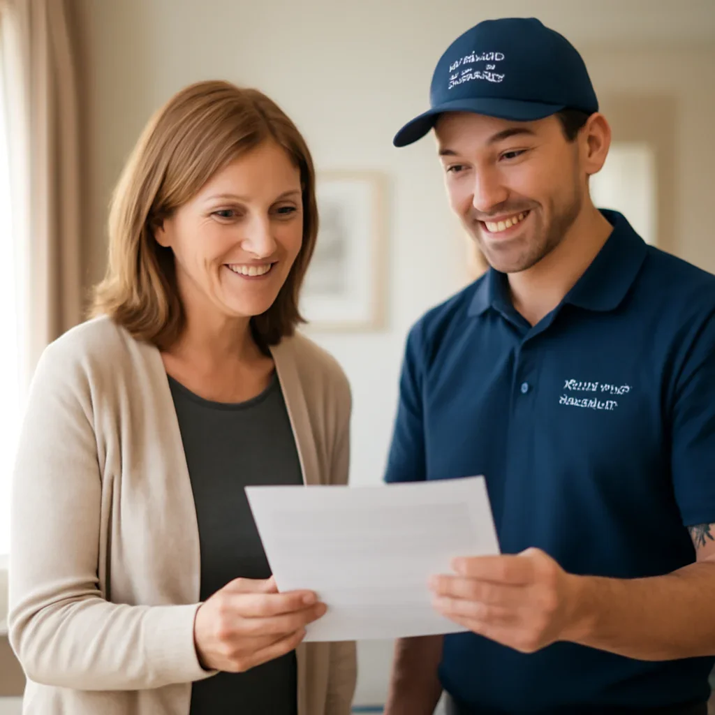 Homeowner reviewing garage door service options with a local specialist in Surrey