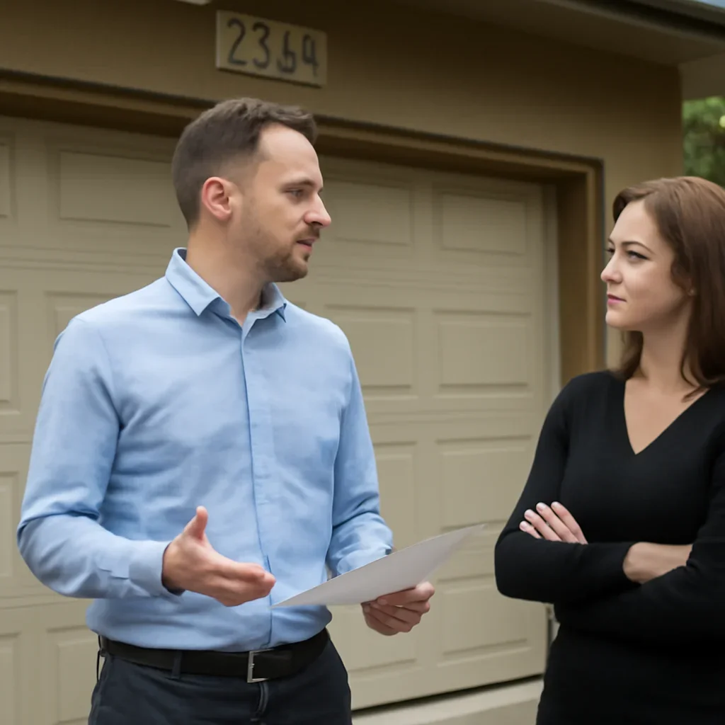 Property owner discussing garage door repair options in King George Corridor Surrey