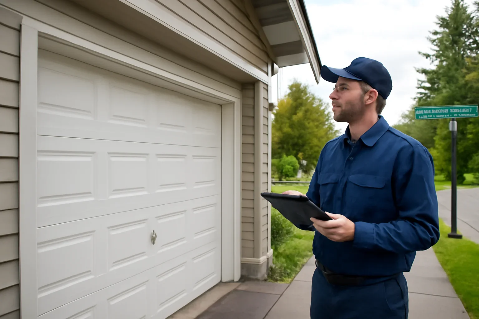 Garage door technician assessing a garage door repair issue in King George Corridor Surrey