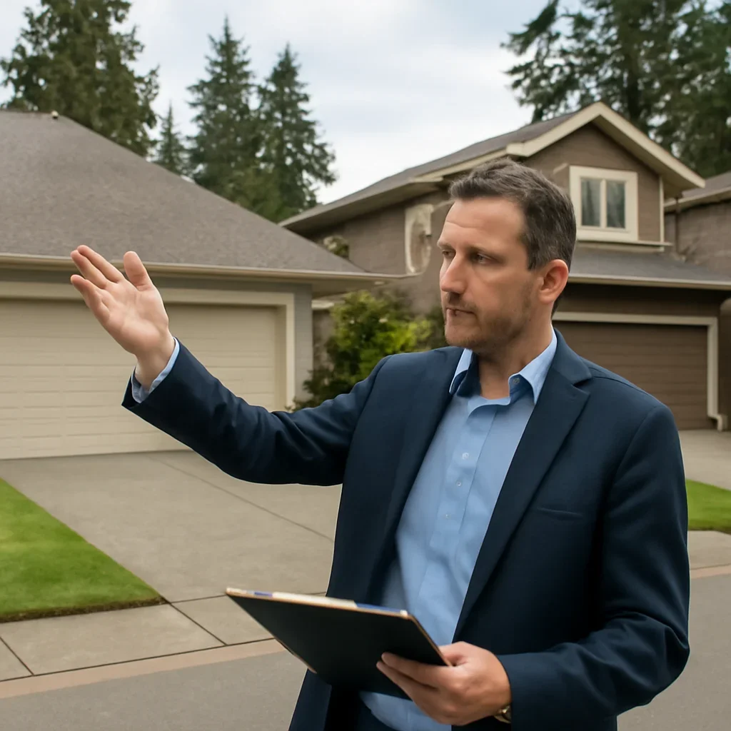 Homeowner or property manager discussing Bear Creek Green Timbers garage door service in Surrey