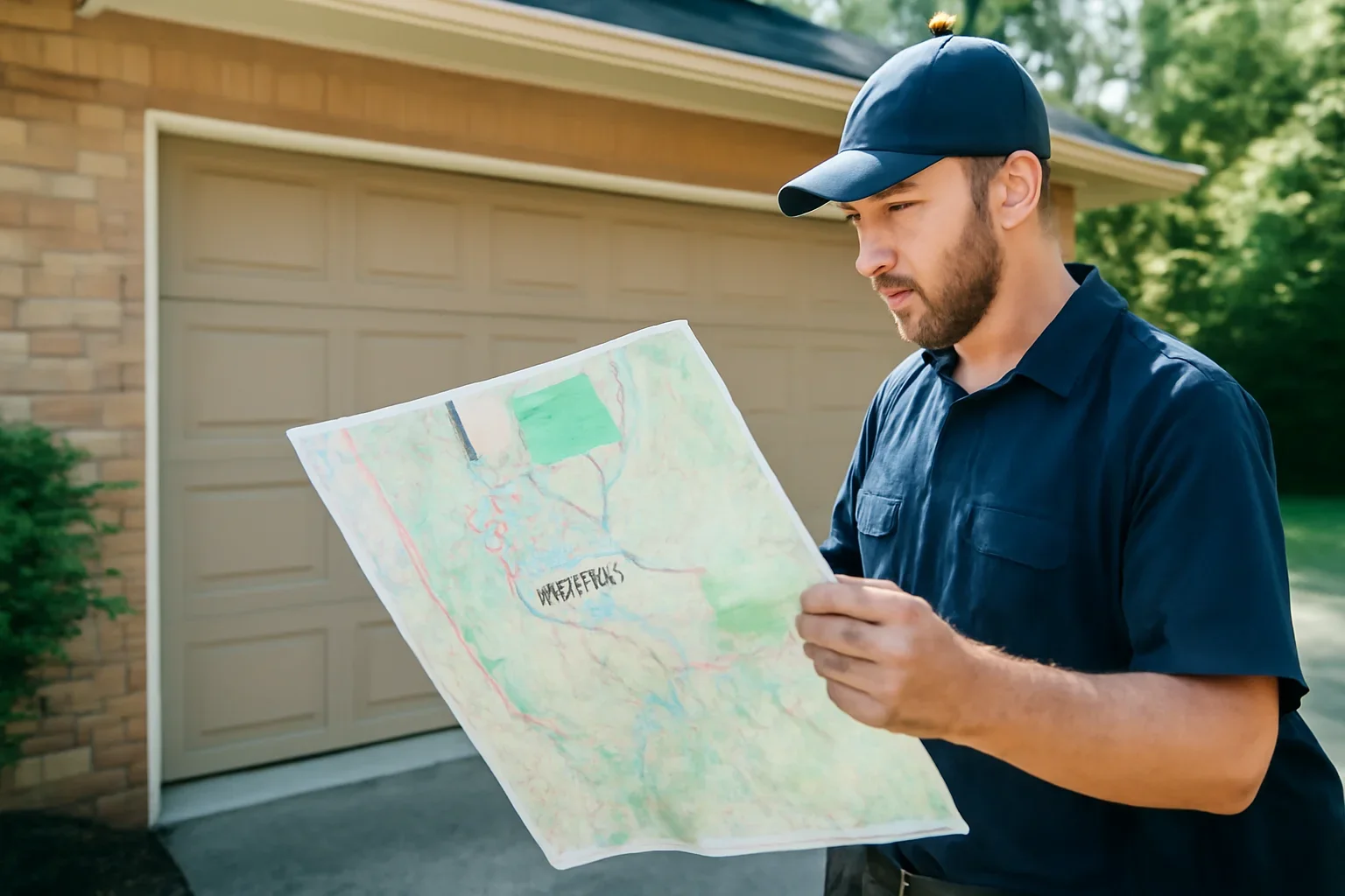Garage door technician reviewing Bear Creek Green Timbers garage door services at a Surrey property