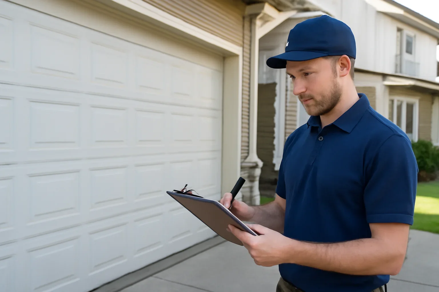 Garage door technician reviewing Bolivar Heights garage door service at a Surrey property