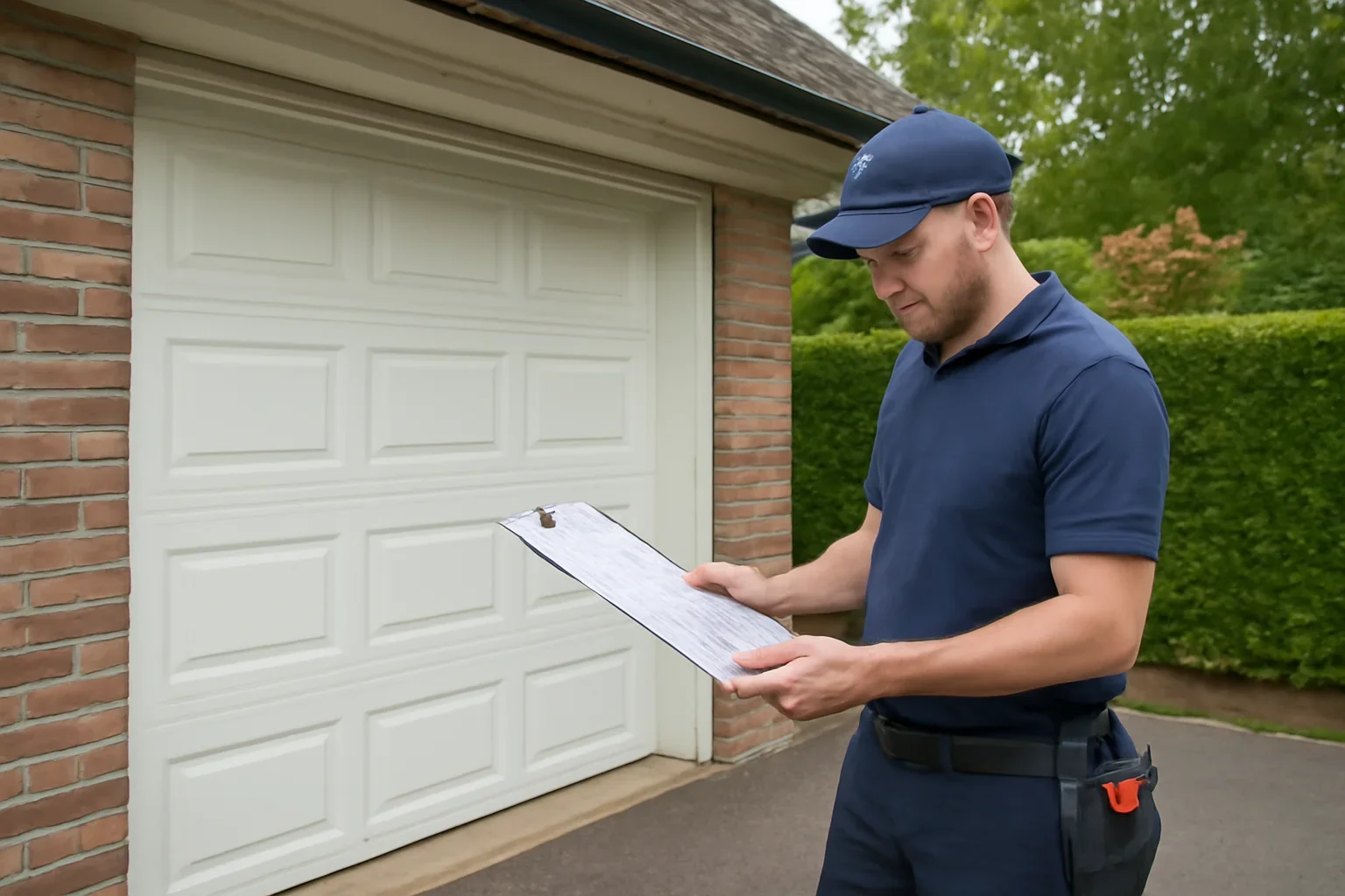 Garage door technician reviewing Boundary Park garage door service at a Surrey property