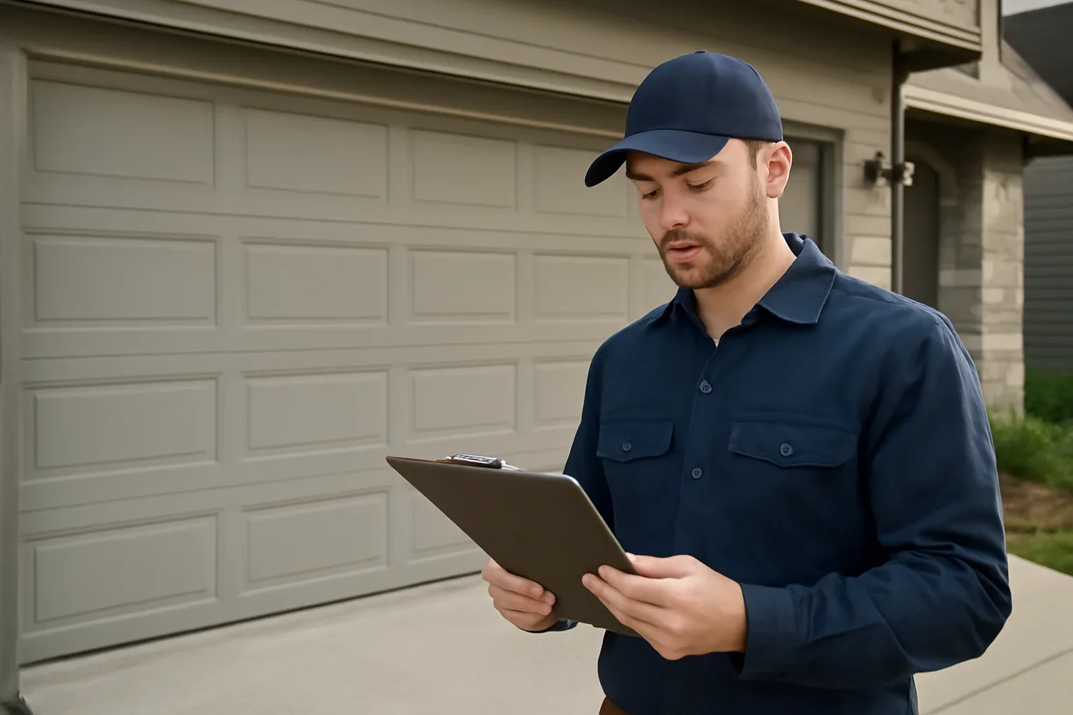 Garage door technician reviewing Bridgeview garage door services at a Surrey property