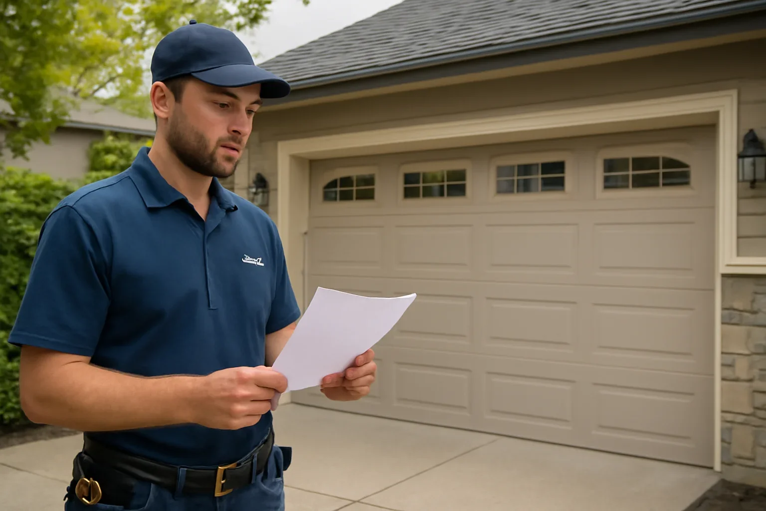 Garage door technician reviewing locations campbell heights at a Surrey property