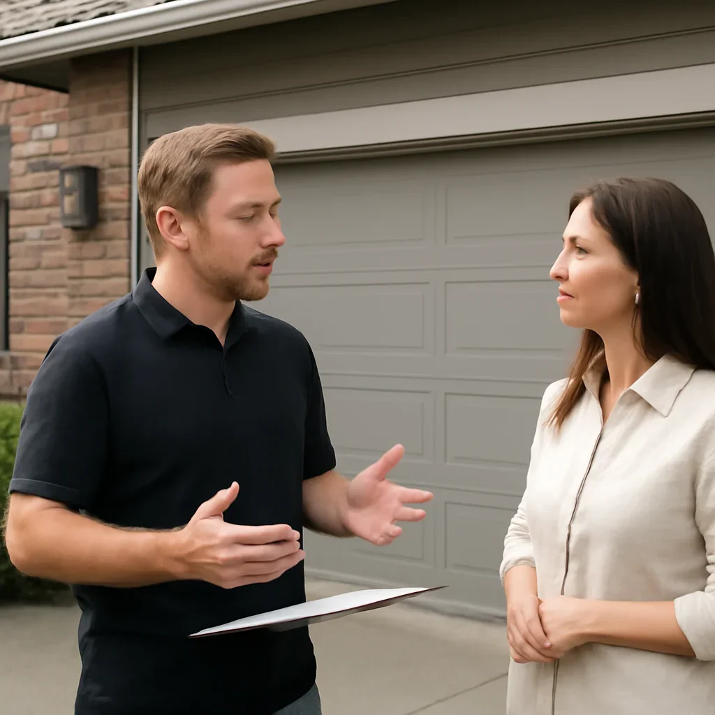 Homeowner or property manager discussing the next step for Cedar Hills garage door services in Surrey