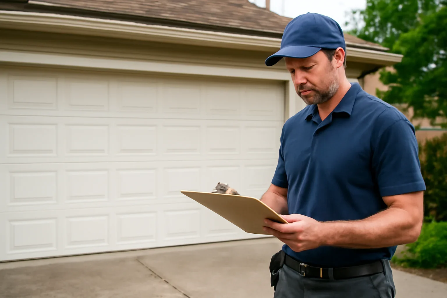 Garage door technician reviewing Cedar Hills garage door services at a Surrey property