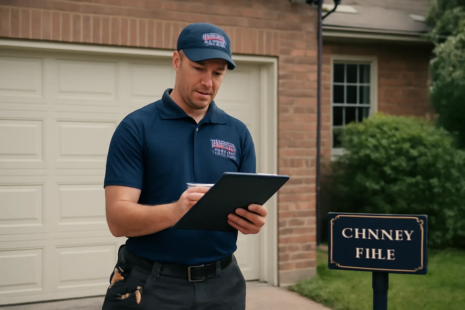 Garage door technician reviewing Chimney Hill garage door service at a Surrey property