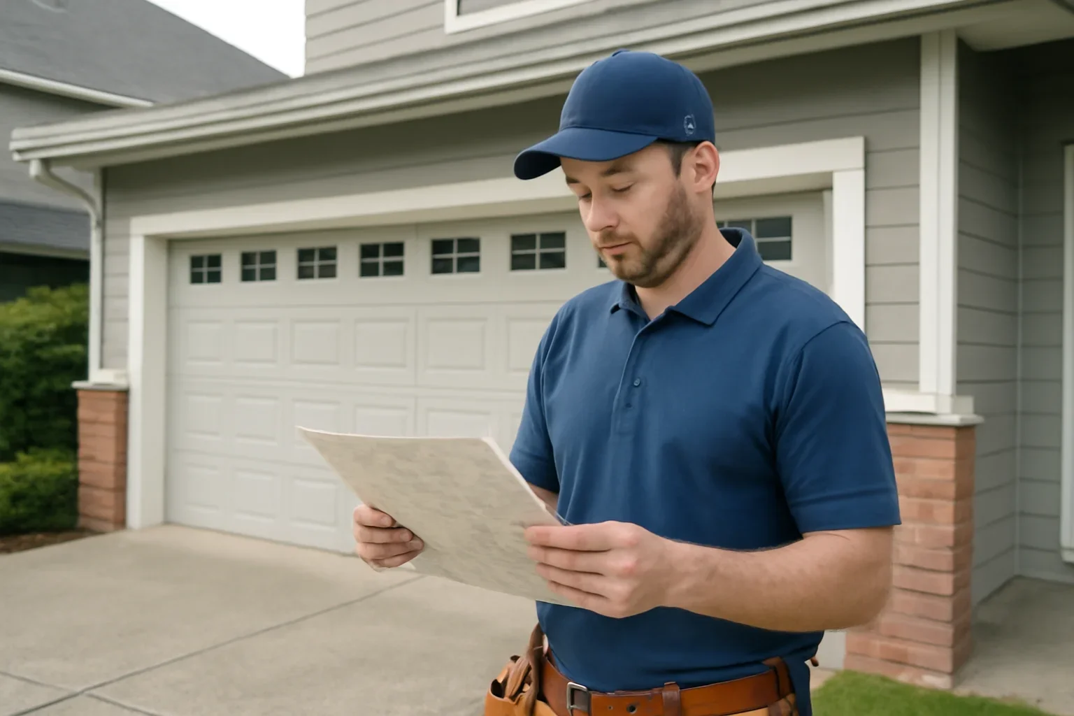 Garage door technician reviewing Clayton Heights garage door services at a Surrey property