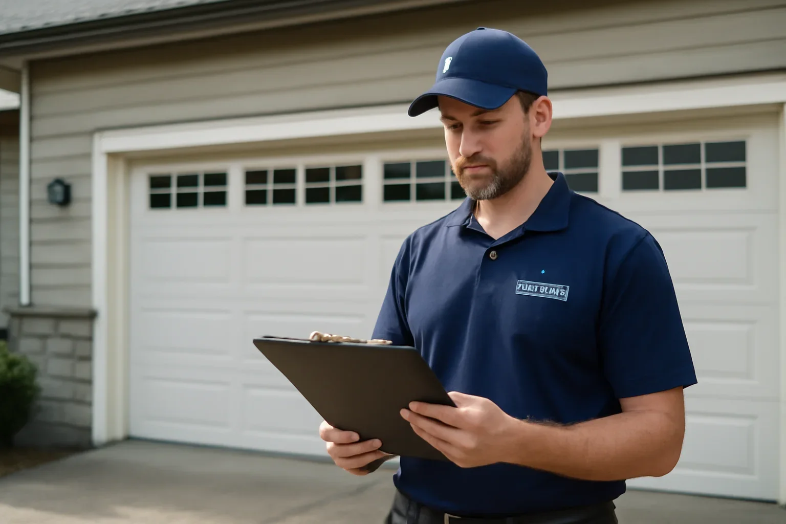 Garage door technician reviewing Cloverdale garage door services at a Surrey property