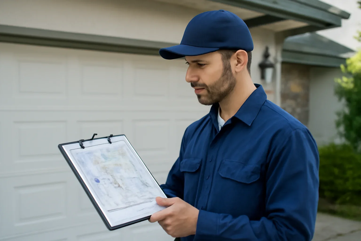 Garage door technician reviewing locations cloverdale town centre at a Surrey property
