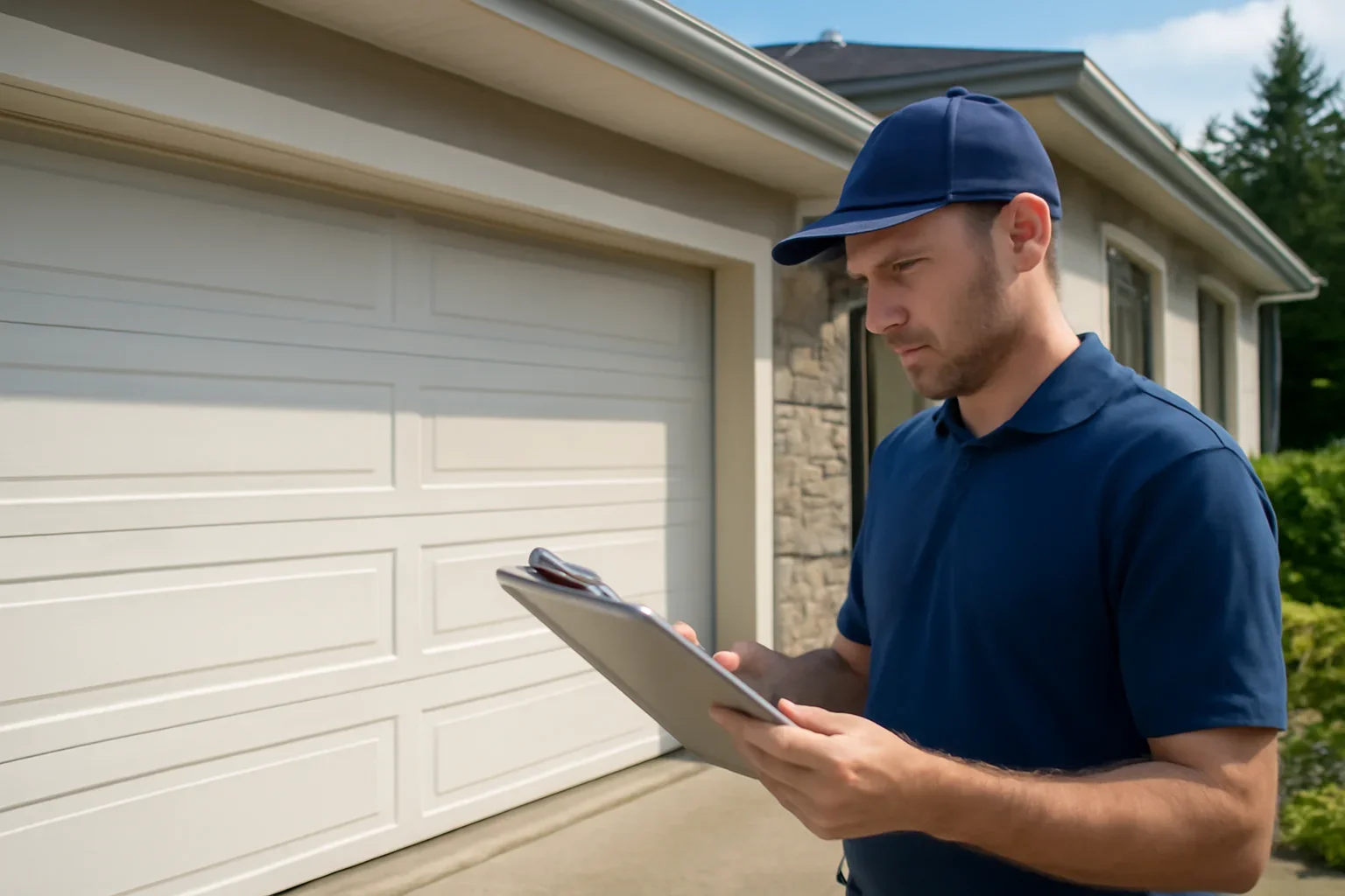 Garage door technician reviewing Douglas garage door service at a Surrey property