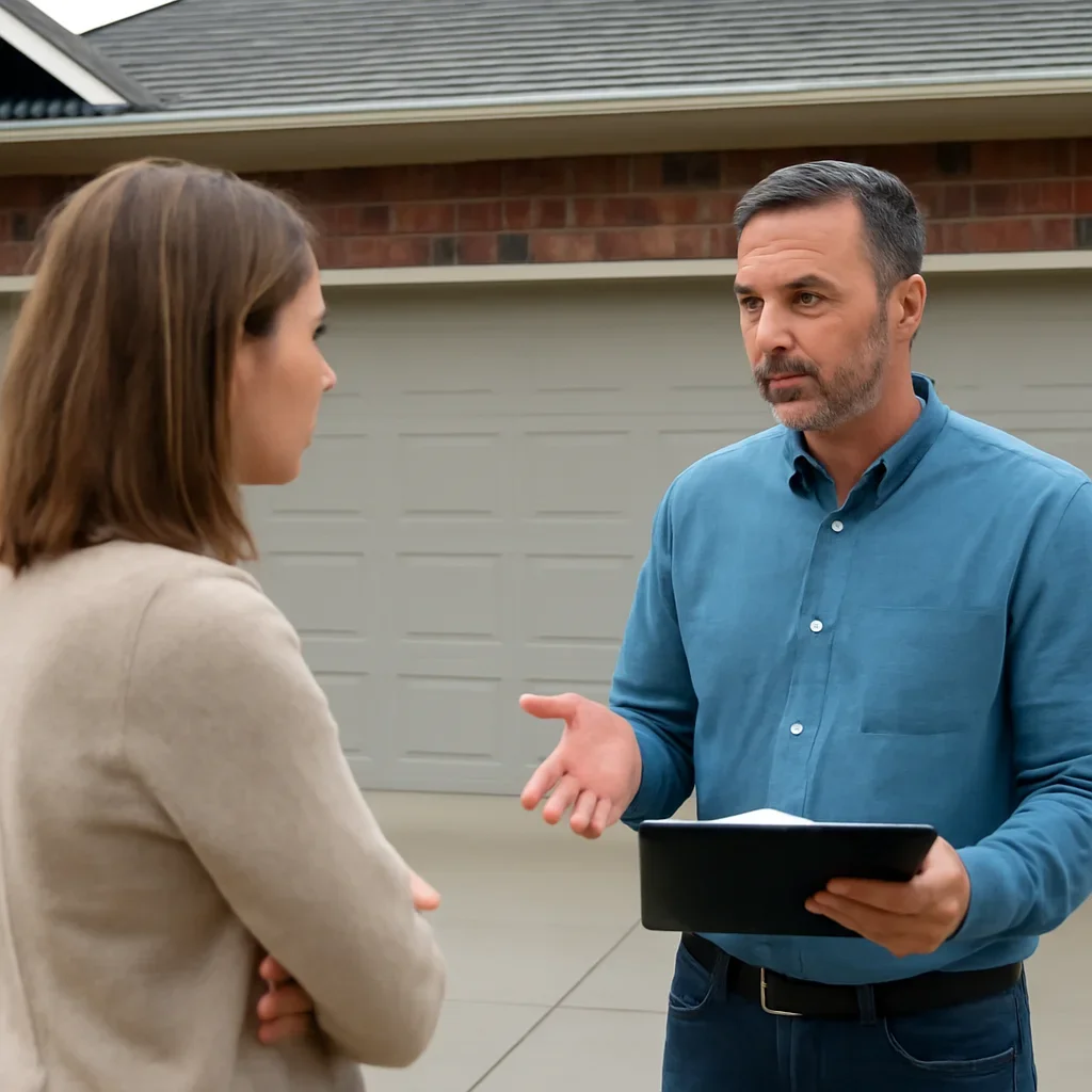 Homeowner or property manager discussing East Clayton garage door services in Surrey