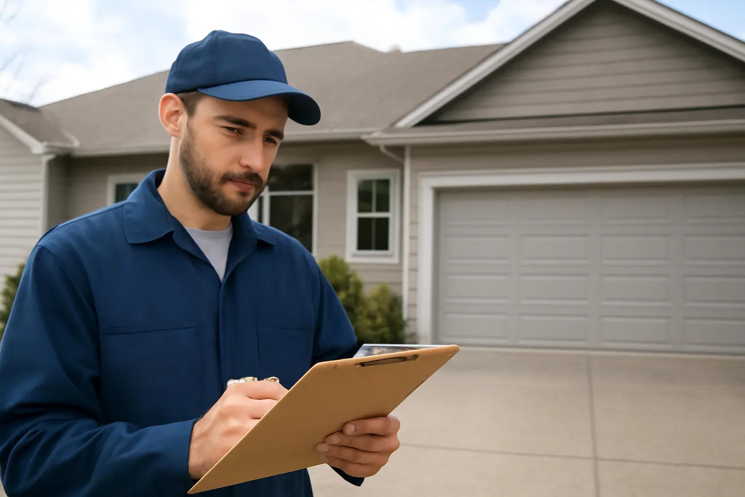 Garage door technician reviewing East Clayton garage door service at a Surrey property