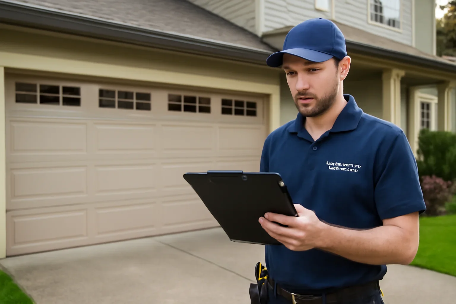Garage door technician reviewing East Newton garage door services at a Surrey property