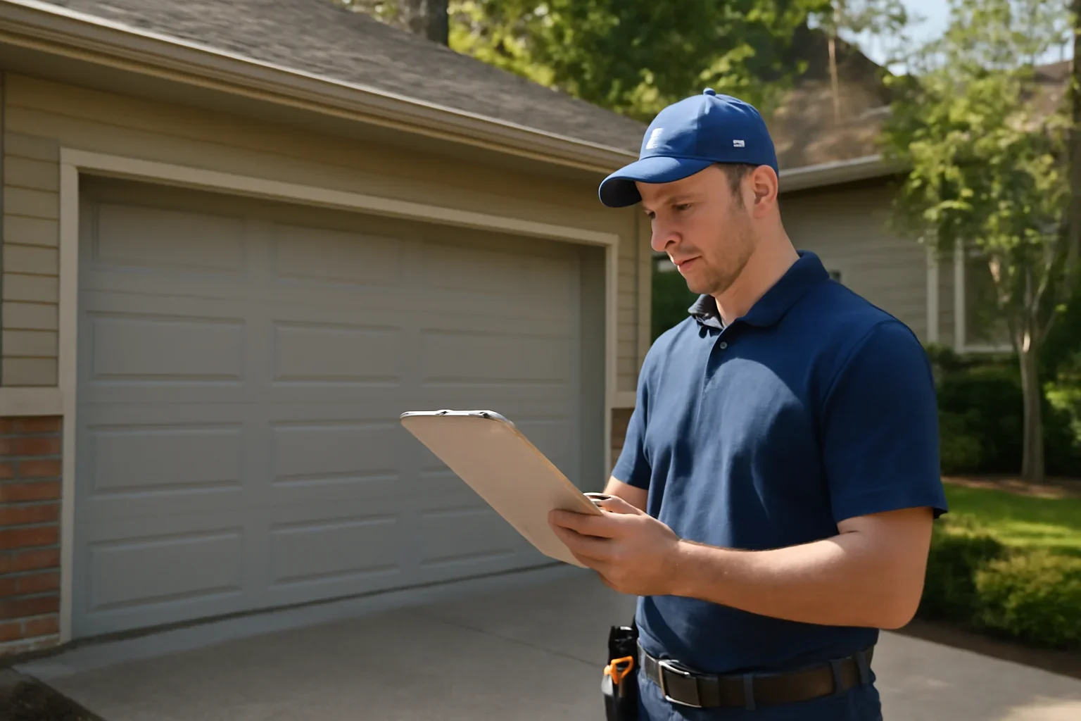 Garage door technician reviewing Fleetwood Park garage door services at a Surrey property
