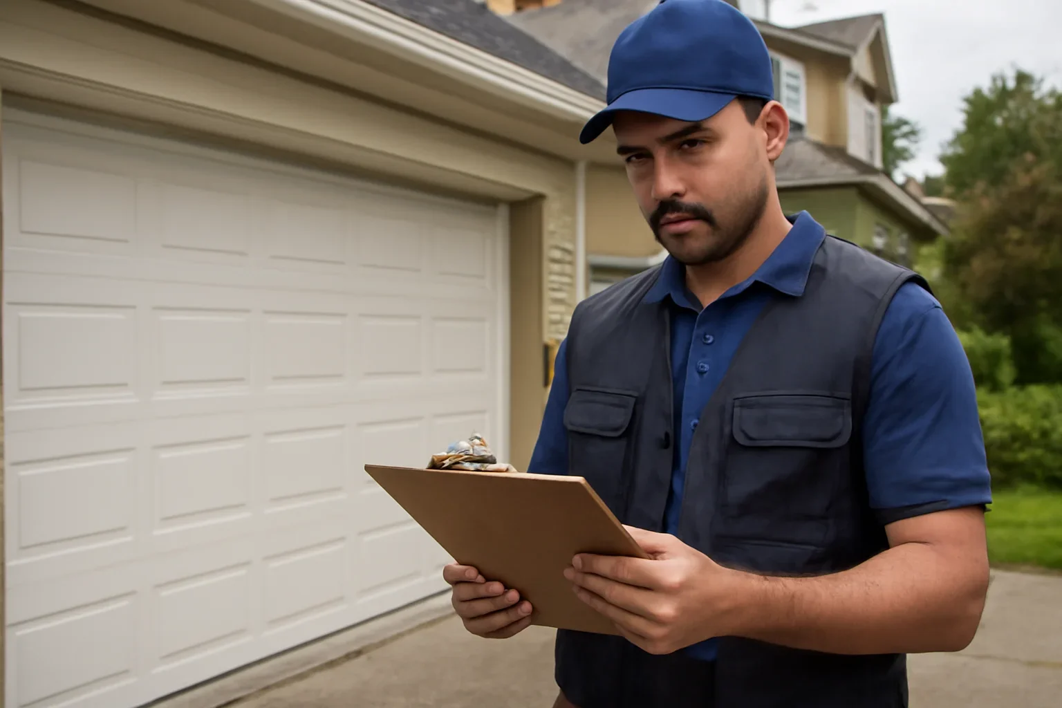 Garage door technician reviewing Fraser Heights garage door services at a Surrey property