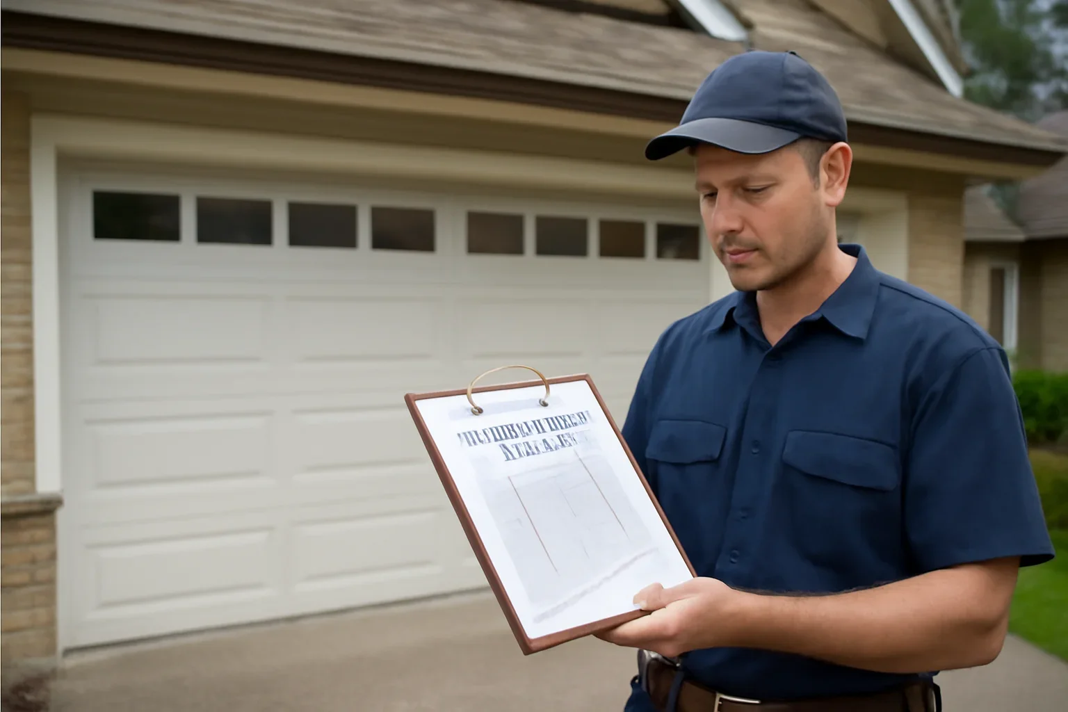 Garage door technician reviewing Grandview Heights garage door services at a Surrey property