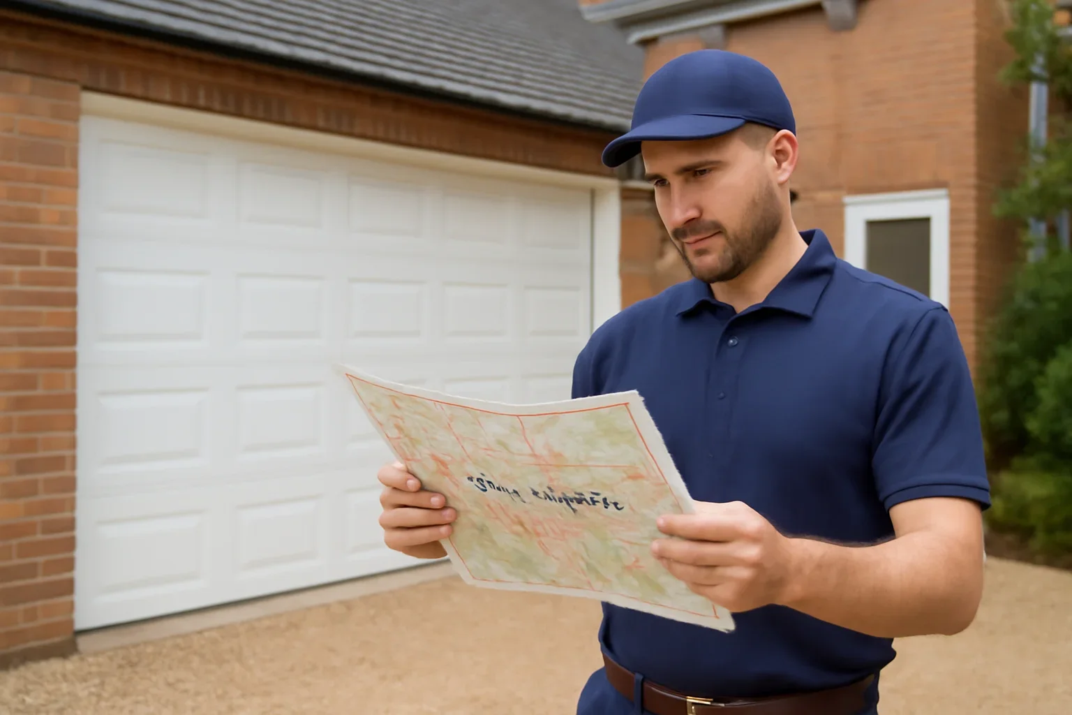 Garage door technician reviewing Guildford garage door service at a Surrey property