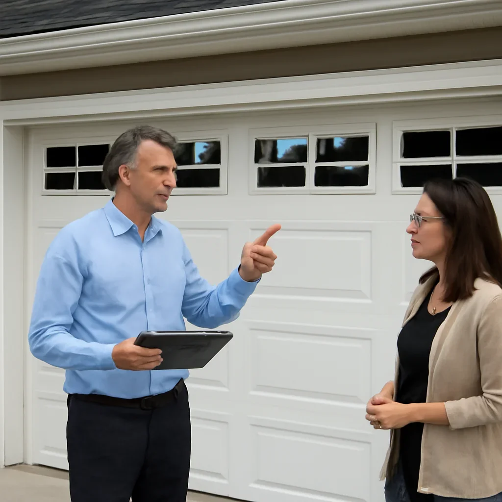 Homeowner or property manager discussing the next step for King George Corridor garage door services in Surrey