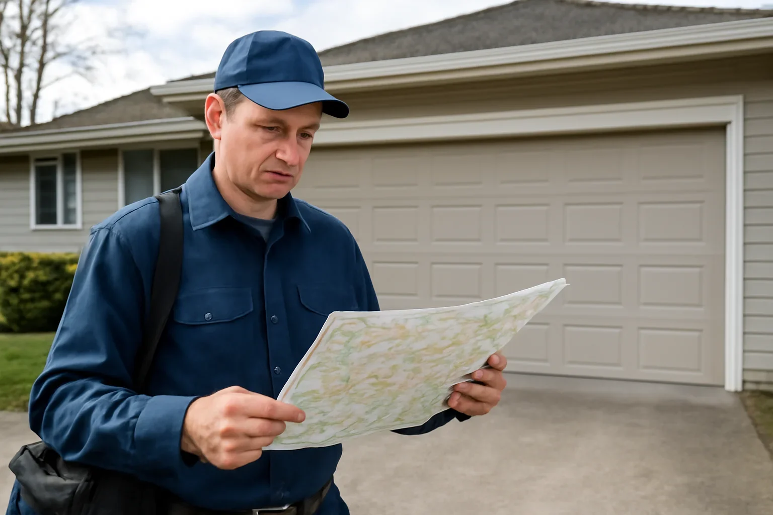 Garage door technician reviewing King George Corridor garage door services at a Surrey property