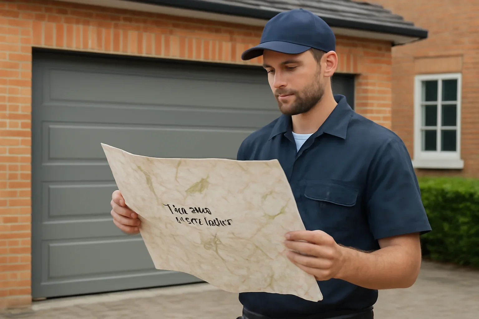 Garage door technician reviewing Newton Town Centre garage door services at a Surrey property