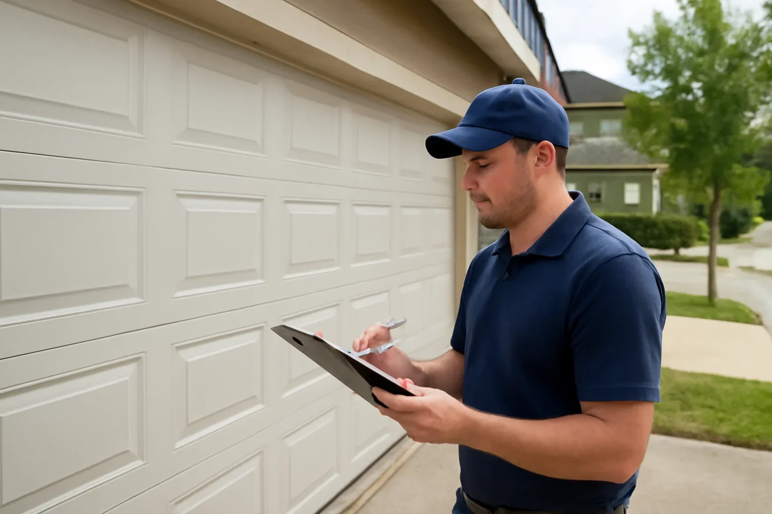 Garage door technician reviewing Ocean Park garage door services at a Surrey property