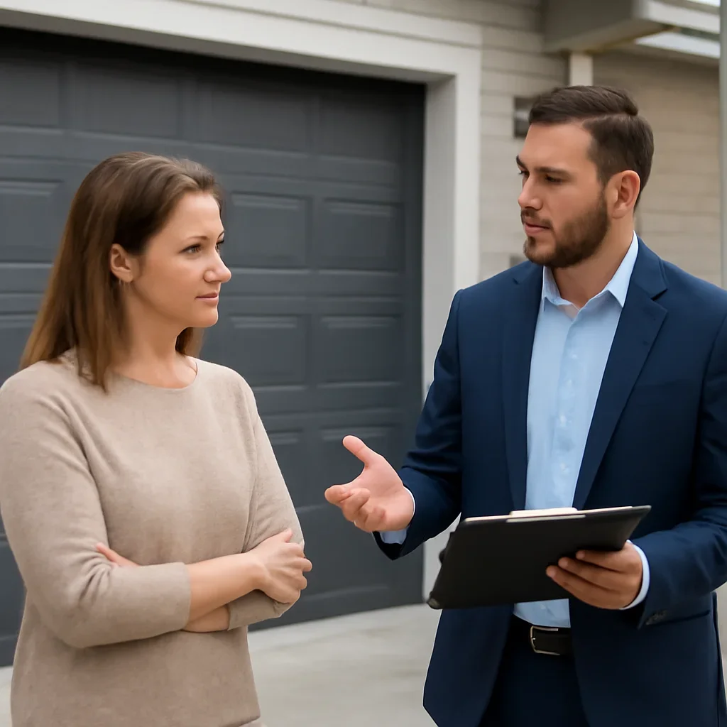 Homeowner or property manager discussing the next step for Pacific Douglas garage door services in Surrey
