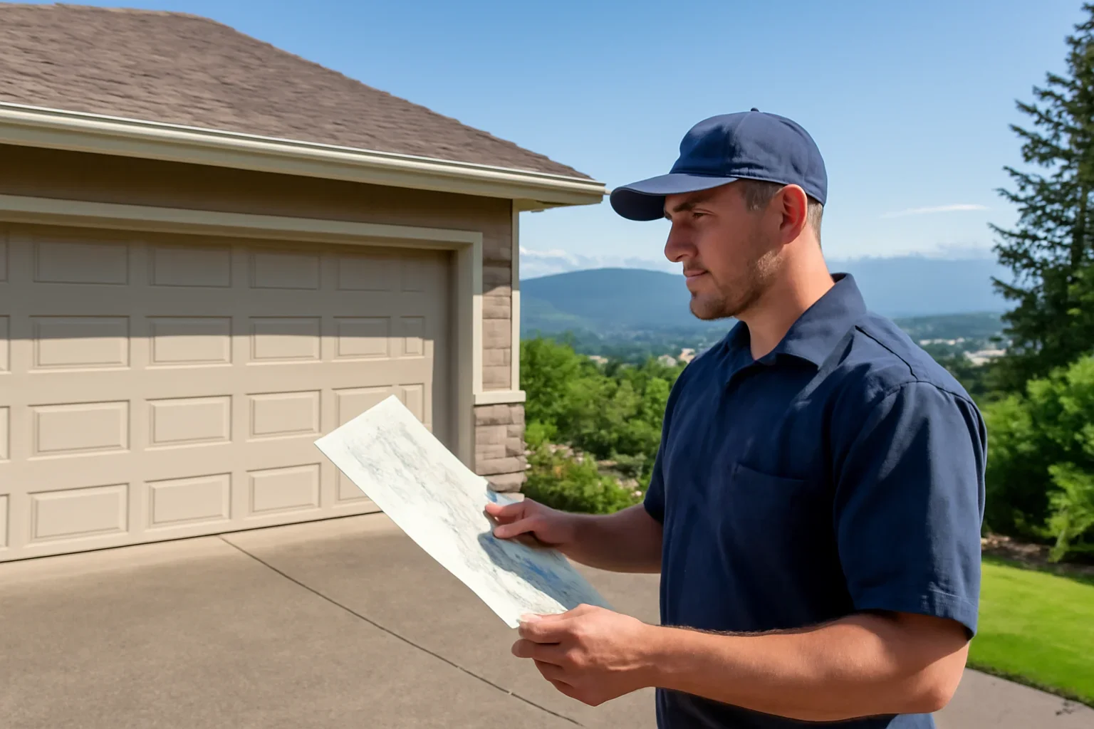 Garage door technician reviewing Panorama Ridge garage door service at a Surrey property