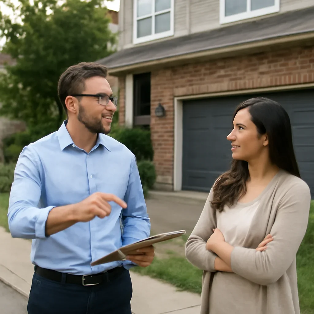 Homeowner or property manager discussing the next step for Queen Mary Park garage door services in Surrey