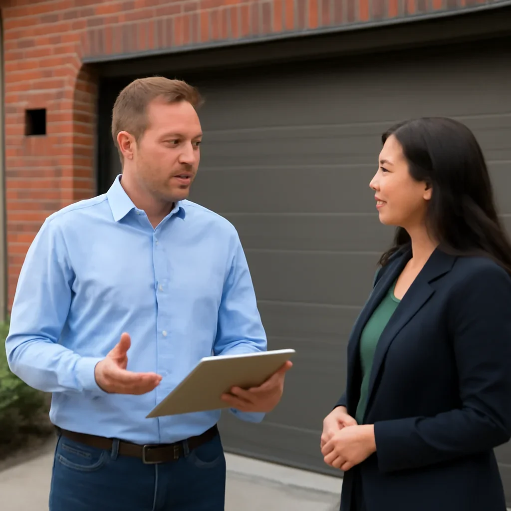 Homeowner or property manager discussing the next step for Rosemary Heights garage door services in Surrey